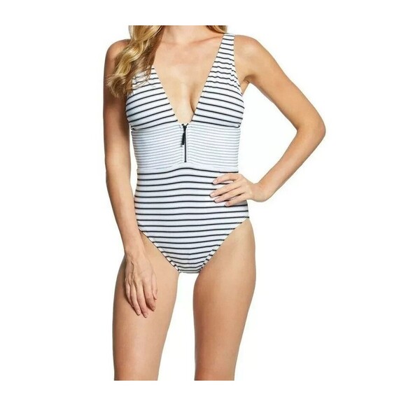 LAUREN RALPH LAUREN Women's Harrison Stripe Zip Front Swimsuit sz 16 Black White - Picture 1 of 4